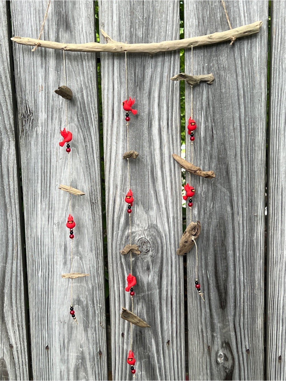 Rustic Driftwood Hanging Mobile with Red Cardinals